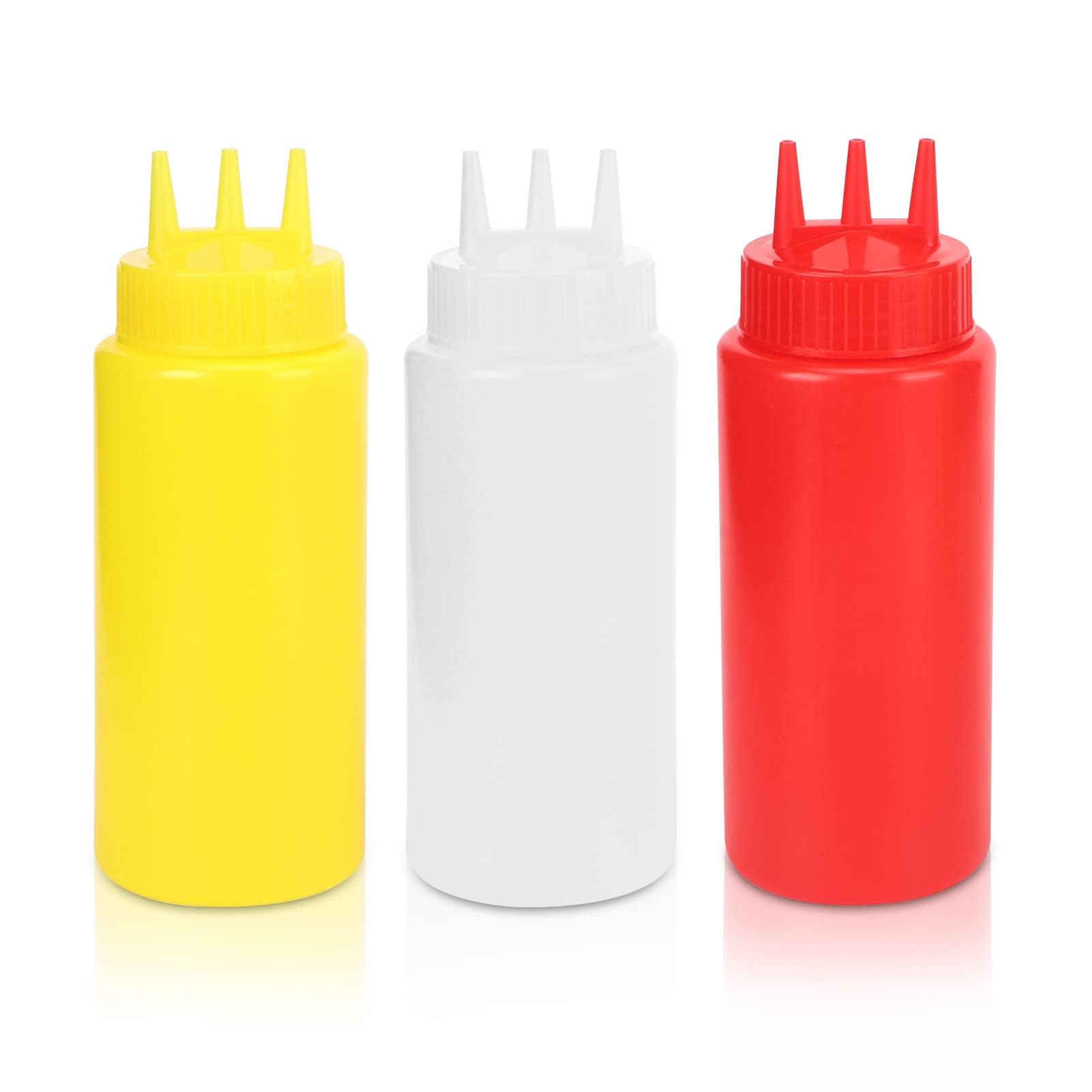 3Pcs 3 Hole Condiment Squeeze Bottle, 16Oz Capacity 7x20cm/2.8x7.9in (D x H) Empty Squeeze Sauce Bottles 500ml Condiment Dispenser with Lids for Salad Dressing Sauces Ketchup Oil Honey
