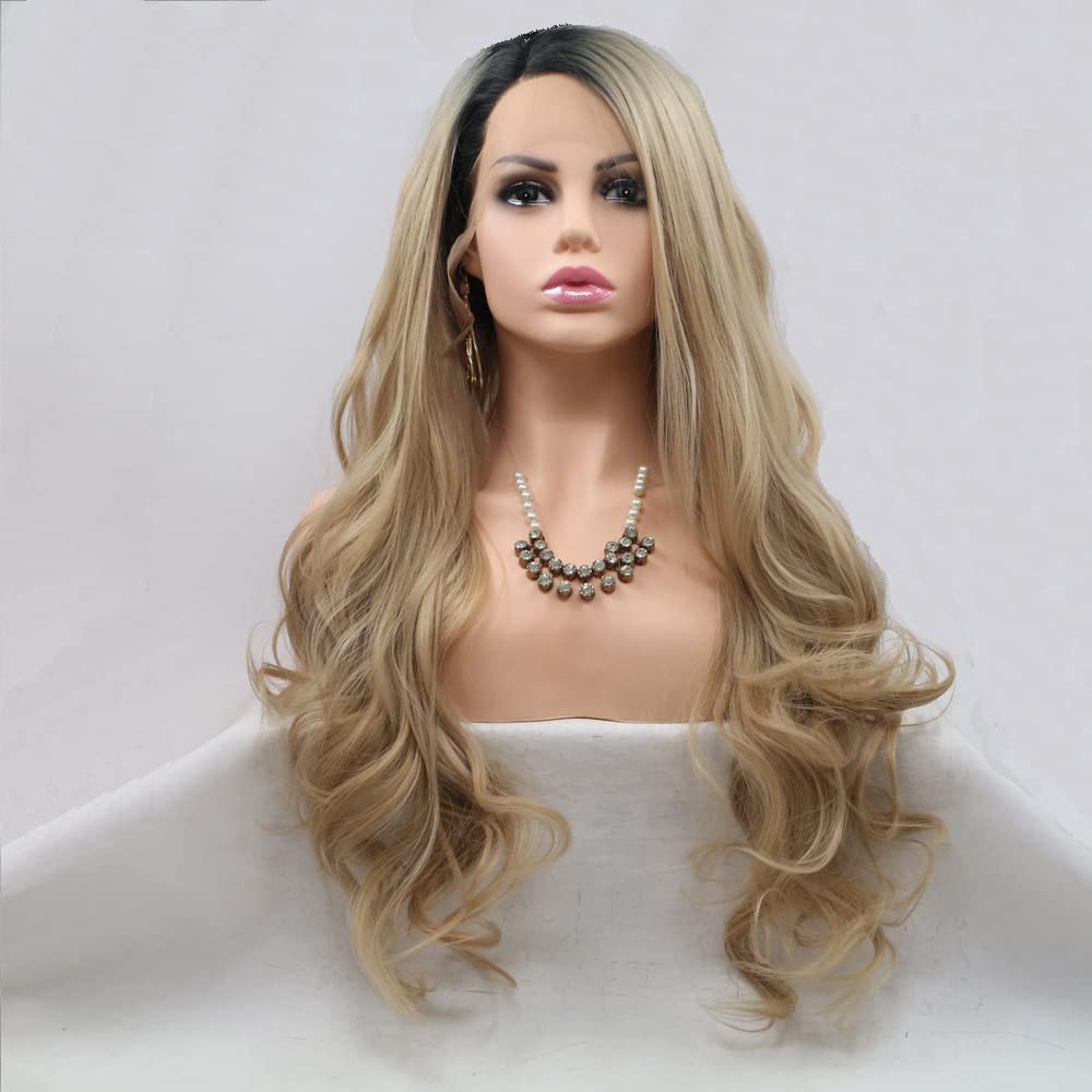 Xiweiya long wavy ombre blonde lace wig with dark root synthetic lace front wigs side part with heat resistant fiber for women drag queen long soft wig 24 inch โ image 1