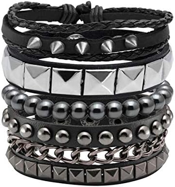 7 Pcs 80s Women Costume Accessories Halloween Leather Punk Bracelet Black Cross 4 Pcs Punk Rock Leather Studded Bracelets for Men Women 80s  main image 4