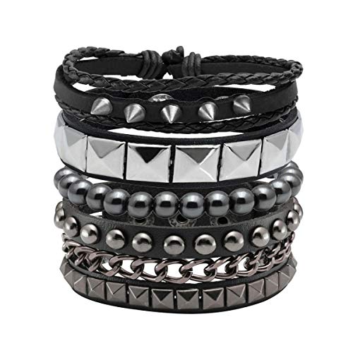 Eigso 4 Pcs Punk Leather Rock Studded Bracelets for Men Women Retro Classic Spiked Metal Cuff Bracelet Set for Man Woman