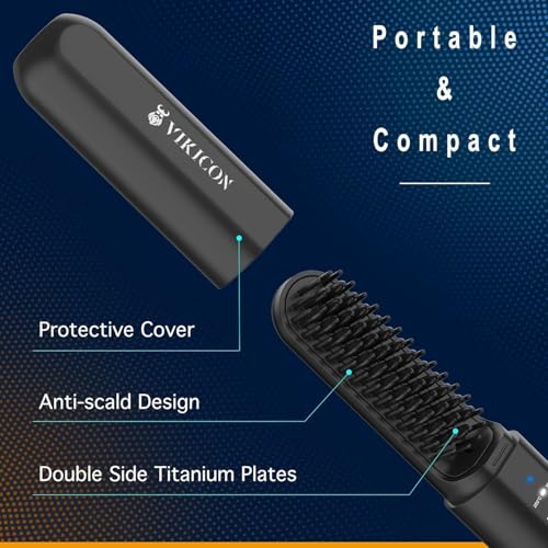 Beard Straightener Comb for Men, VIKICON Wireless Beard Straightening Brush, 3 Adjustable Temperature Levels, Rechargeable Ionic Brush for Hair & Beard, Anti-scalding, Portable (Black)
