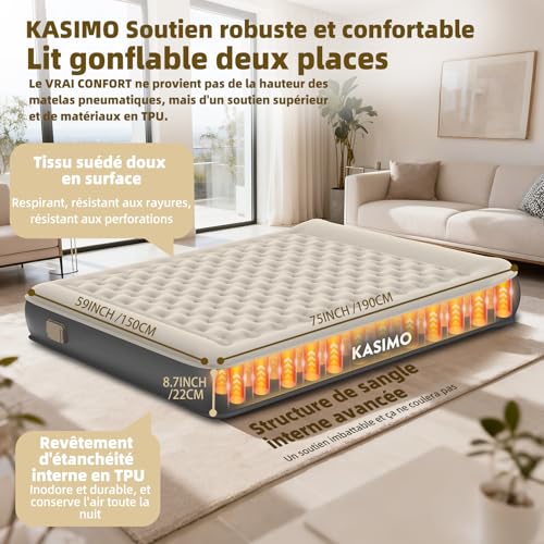 KASIMO 2 Person Inflatable Mattress, Built-in Wireless Electric Pump, TPU Material Inflatable Mattress, Quick Inflating 3 Min, Inflatable Bed 150 x 190 x 22 cm for Camping and Guests