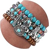 Giovanchi Turquoise Western Bracelets for Women Bohemian Jewelry Vintage Stackable Turquoise Bracelet Rustic Beaded Cow Head Charm Stretch Bracelet Western Rustic Costume Jewelry Accessories