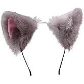 ccHuDE Cute Cat Ears Headband Long Fur Fox Ears Cosplay Headband Headwear Hairband for Party Costume Halloween Hairhoop Grey Pink Grey