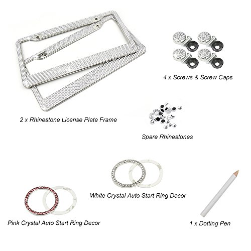 2 Pack Bling License Plate Frame-EZYKOO Sparkly License Plate Holder with 1000+Crystal Rhinestone License Plate Cover Come with Gift Box-Bonus Auto Start Decor Ring