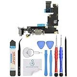 OmniRepairs-Charging Lightning USB Dock Port Flex Cable Replacement with Microphone, Headphone Audio Jack Assembly For iPhone 6 Plus 5.5'' A1522, A1524, A1593 with Premium Repair Toolkit (Gray)