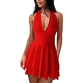 HOT ROEE Women's Halter Deep V Neck A-line Mini Dress Ruched Waist Short Party Dresses