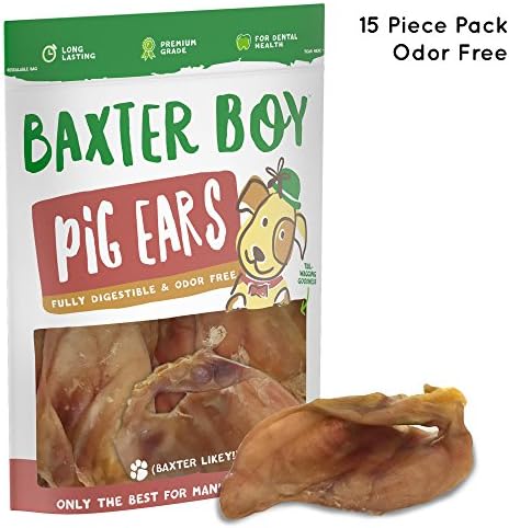 Baxter Boy Prime Extra Thick Whole Pig Ears Odor Free Dog Treats, (15 Pack) – Premium Grade Long Lasting All Unflavored Natural Gourmet Dog Treat Chews – Fresh &amp; Tasty Low-Calorie Treat