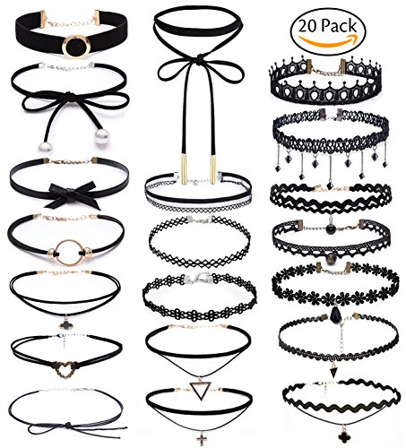 Choker Set, Bassion 20 PCS Womens Black Velvet Choker Necklace Set Classic Gothic Tattoo Lace Chokers