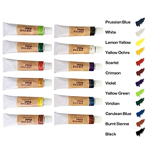Hapree 12 Colors Fabric Paint Permanent Vibrant Color Textile Paints Dye for T-Shirt Clothing Canvas Wood Ceramic Glass, 12 x 12ml (0.4 fl. oz)