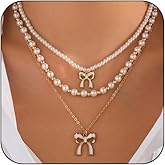 Layered Gold Bow Pearl Necklace for Women Trendy, Charm Boho Enamel Bow Knot Heart Pendant Necklace Dainty Beaded Pearl Choker Necklace Jewelry Gifts