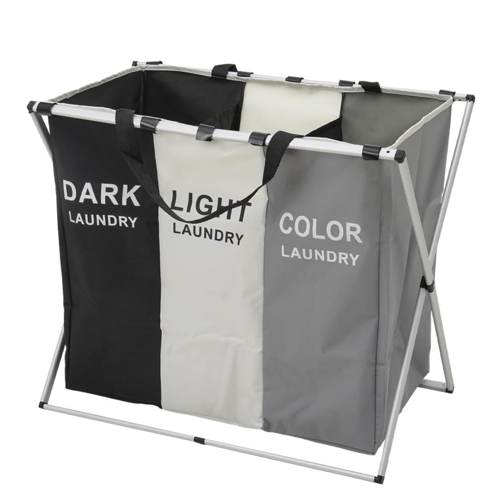 Warmiehomy Collapsible Laundry Basket 3 Compartments Foldable & Washable Washing Basket Large Laundry Sorter with Aluminum Bracket and Handle for Laundry Room, Bedroom,66x38x58cm