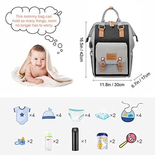 Baby Wickelrucksack Wickeltasche, LOVEVOOK Wasserdicht Babytaschen für Mama, Babyrucksack Groß mit Zwischenschichtbrett USB Ladeanschluss, Mamatasche Baby Bag für Mom Kinderwagen Schwarz Grau