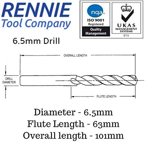 Rennie Tool Company, Box of 10 x 6.5mm HSS Gold Cobalt Jobber Drill Bit Set for Stainless Steel Hard Metals, Aluminium - Image 3