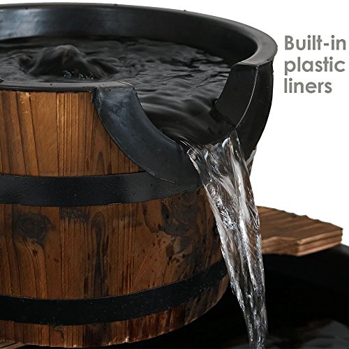 Sunnydaze Rustic 3-Tier Wood Barrel Water Fountain, 30-Inch