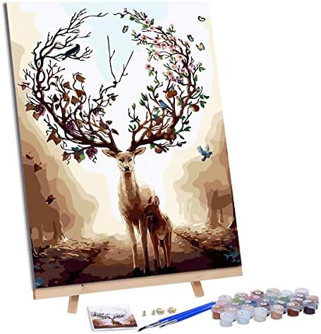 VIGEIYA DIY Paint by Numbers for Adults Include Framed Canvas and Wooden Easel with Brushes and Acrylic Pigment 15.7x19.6inch (Deer)