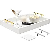 Juvale Ottoman Tray with Coasters & Interchangeable Gold & Silver Handles - 15.7" x 11.8" x 3.1" - White Rustic Wood Rectangular - Coffee Table Tray for Serving & Decorative Accents