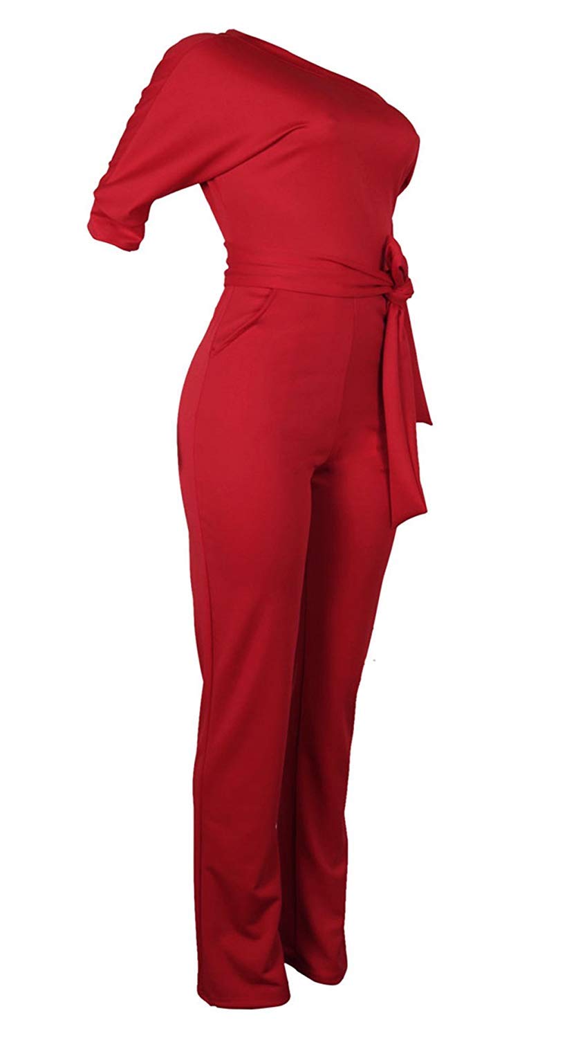 Women\'s Sexy One Off Shoulder Jumpsuits Wide Leg Long Romper Pants with Belt Red L