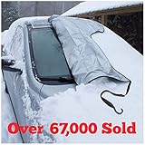 SnowOFF Windshield Snow Ice Cover - Custom Made Premium Quality Car Cover - Windproof Straps, Wings, Suction Cups, Magnets - Bonus Items - Winter Ice Rain Frost Automotive Hood Covers - 2 Sizes