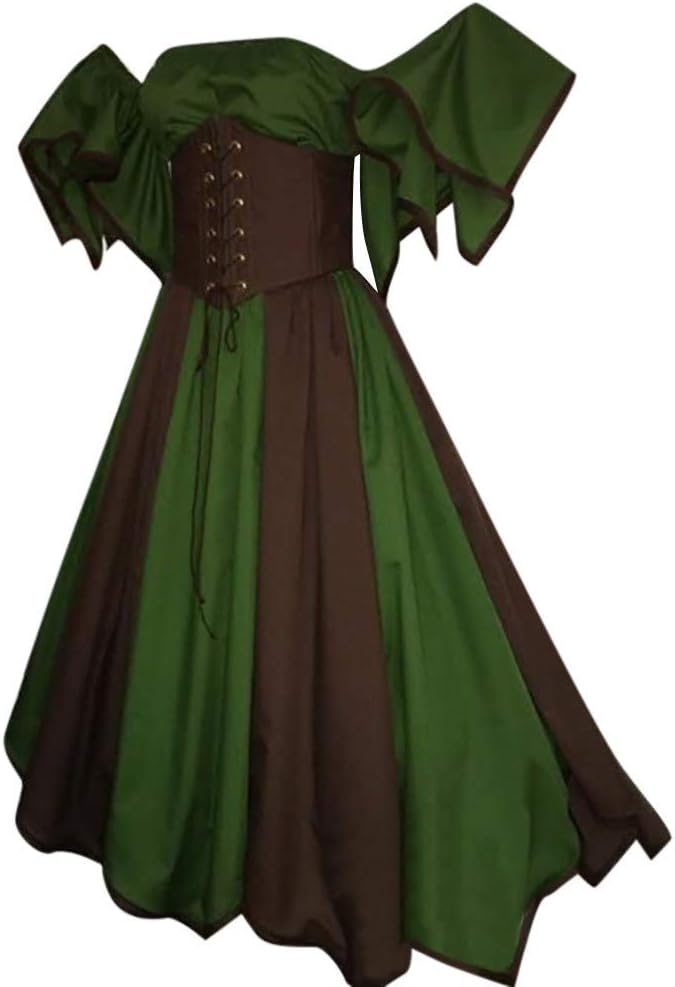 HTDBKDBK Vestido Medieval de Manga Corta con Cuello Recto para Mujer