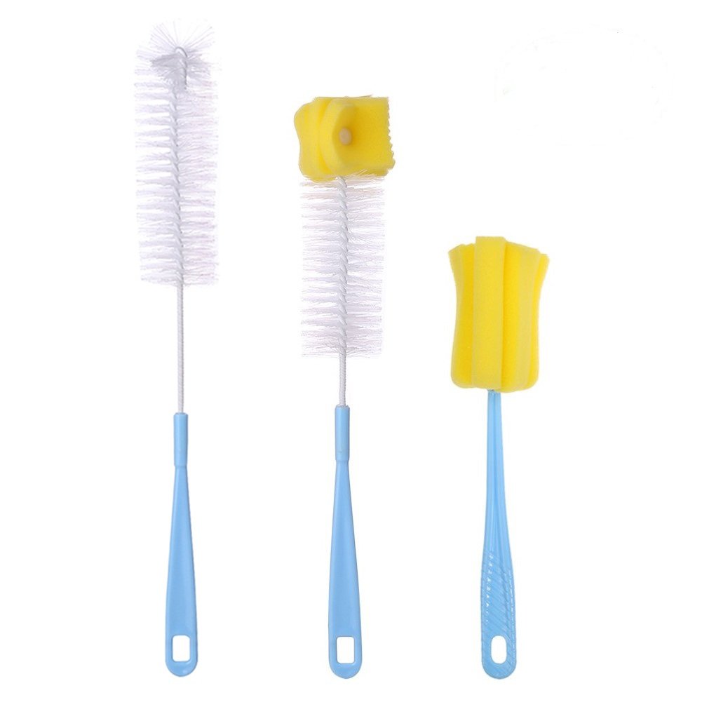 3 Piece Bottle Brushes Set, SIKIWIND Water Bottle Brush Cleaner Set - Bendable 16” Rugged Bristles Long Bottle Cleaning Brush + 14” Sponge Bottle Brush and 10” Soft Safe Baby Bottle Brush(Blue&Yellow)