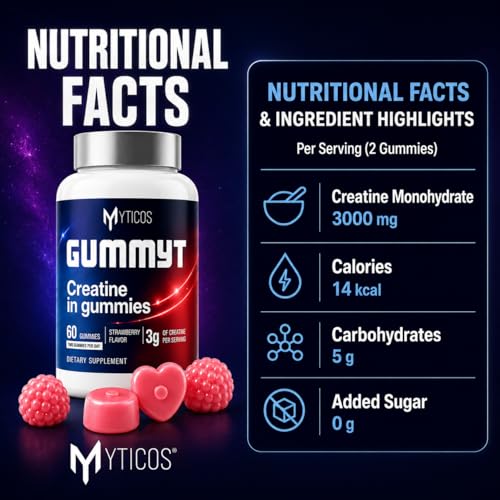 MYTICOS Gummyt Creatine Gummies 3000mg | Creatine Monohydrate | Strawberry Flavor | Sugar Free | No Powder No Mess | 60 Gummies | Muscle Recovery & Strength for Men & Women