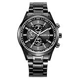 Men's Watches Luxury Fashion Casual Dress Quartz Wrist Watches for Men Stainless Steel Band Gold Color (Black)