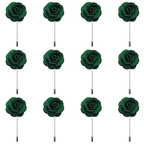 RareLove 12pcs White Lapel Pin Rose Wedding Boutonniere Set for Men Flower (Green)