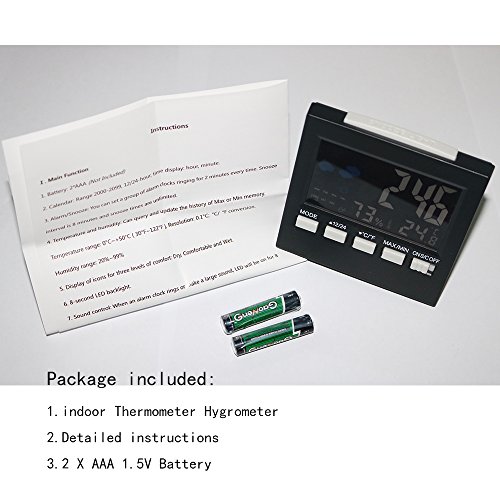Indoor Thermometer Hygrometer Humidity Monitor Digital Temperature Gauge Humidity Meter with Alarm Clock,Calendar,Voice Control Backlight (2 Batteries Included) - Thumbnail 7