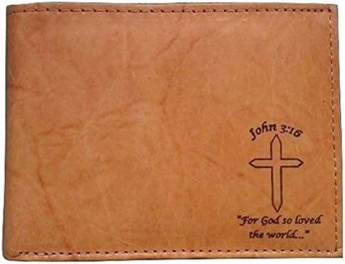 Men's Christian John 3:16 Cross Tan Brown Black Genuine Leather Bi-fold ID Basic Wallet