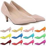 Loslandifen Womens Low Mid Heels Shoes Leather Pointed Dress Pumps