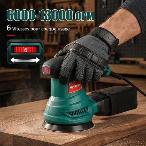 HYCHIKA Ponceuse Excentrique, 6 Vitesses Variables 300W 13000RPM Ponceuse Orbitale, 12Pcs Disque Abrasif 125mm, Ponceuse Bois avec Collecte de Poussière pour le Polissage du Ponçage du Bois