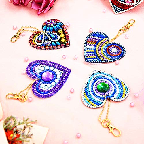 HuaCan 5 Pack DIY 5D Diamond Painting Keychain Round Drill Heart Keyring Crystal Rhinestone Bag Pendant Cross Stitch Mosaic Arts Craft Paint by Number Kits for Kids Adults