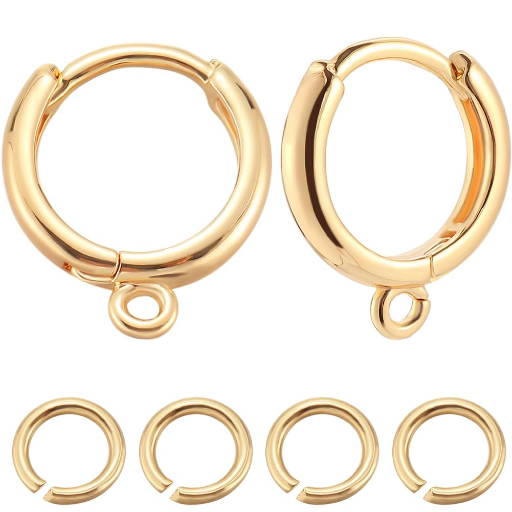 Beebeecraft 1 Box 20Pcs Real 18K Gold Plated Huggie Hoop Earring Hooks Round French Hook Earring Wires with Loop and Jump Rings Dangle Leverback Earring Findings for Jewelry Making Supplies DIY Crafts