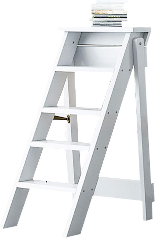 Foldable 5-Step Stool Climb Step Ladder Household Wooden Stepladder for Library Bedroom Living Room Stylish Storage Shelf 150Kg Capacity