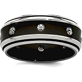 Black Titanium and Titanium Polished White Sapphire With 925 Sterling Silver Beveled Edge Bezels 9mm Band Ring for Women and Men