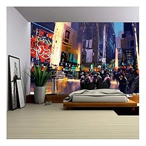 Illustration - Crowd of People in City Street,Colorful Painting,Illustration - Removable Wall Mural | Self-Adhesive Large Wallpaper - 66x96 inches