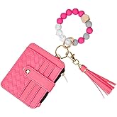 Wristlet Bracelet Keychain Credit Card Holder Purse,RFID Blocking Zip Slim Wallet,Silicone Bead Tassel Key Ring for Women (Rose)