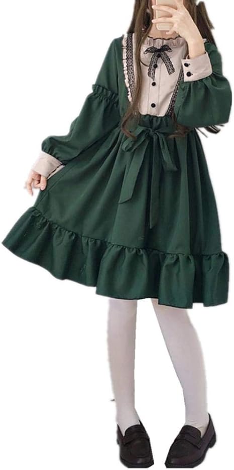 Amazon Co Jp Qiaom ワンピース ロリータ ドレス 膝丈 長袖 グリーン 復古調 フリル ゴスロリワンピース ゴシック系 森ガール リボン 可愛い Aライン 着痩せ 演出服 お出かけ コスプレ 洋服 服 ファッション小物