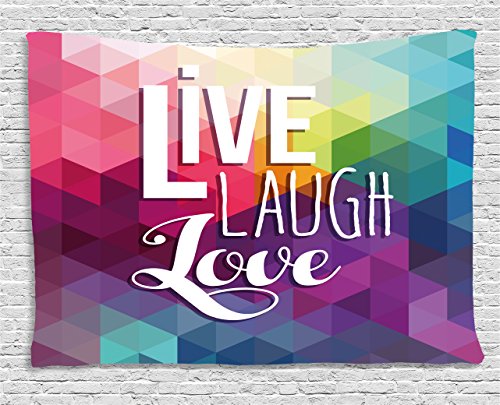 Ambesonne Live Laugh Love Decor Tapestry, Geometric Colorful Backdrop Polygonal Mosaic Happiness Quote Words, Wall Hanging for Bedroom Living Room Dorm, 60 W X 40 L Inches, Multicolor