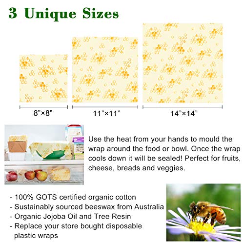 Reusable Beeswax Food Wrap 3-Pack, JONYJ Eco-Friendly Reusable Sandwich Wraps, Plastic Alternative Sustainable Organic Food Storage Wrap for Cheese, Fruit, Bread, Snacks - 1 Large, 1 Medium, 1 Small