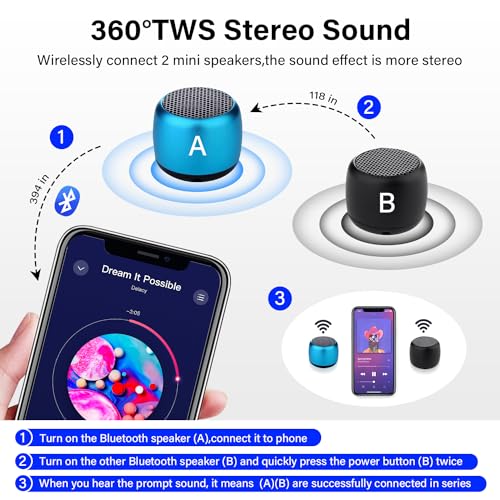 KJLAND 2 Pack Small Portable Bluetooth Speakers Wireless with Loud Stereo Sound, Multi-Functional Mini Bluetooth Speaker Rechargeable for Travel Home Office Outdoor Hiking(Black&Blue)