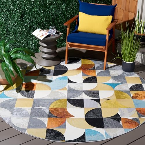 SAFAVIEH Washable Rug Outdoor Barbados Collection - 6'6" Round, Ivory Black & B…