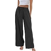 Duyang Womens Cotton Linen Palazzo Pants Drawstring Elastic Waist Casual Wide Leg Trousers with Pockets