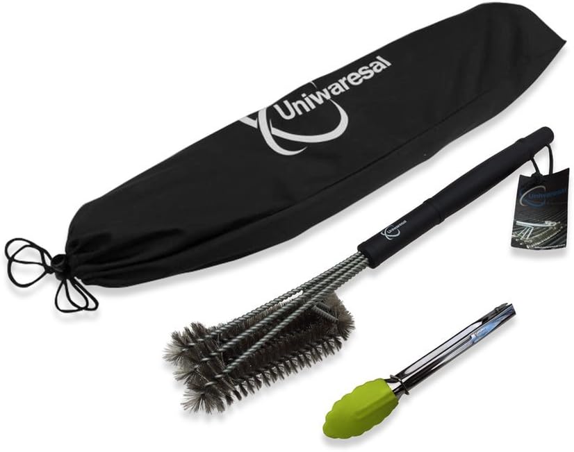 Uniwaresal Barbecue Grill Brush - 18" Long Heavy Duty Stainless Steel Bristles Triple Head Design - Perfect Cleaner for Char-Broil Porcelain Weber Ceramic & Infrared BBQ Grills with Handy Bag + Tong