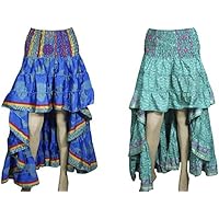 Mogul Interior Shakira Womens Hi Low Green,Blue Skirts Silky Bohemian Gypsy Full Flare Summer Dress Lot of 2