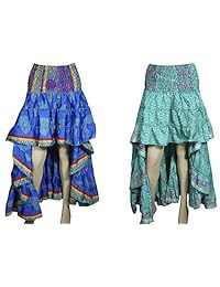 Mogul Interior 2 Womens Ruffled Hi Low Bohemian Skirts Printed Silk S/M