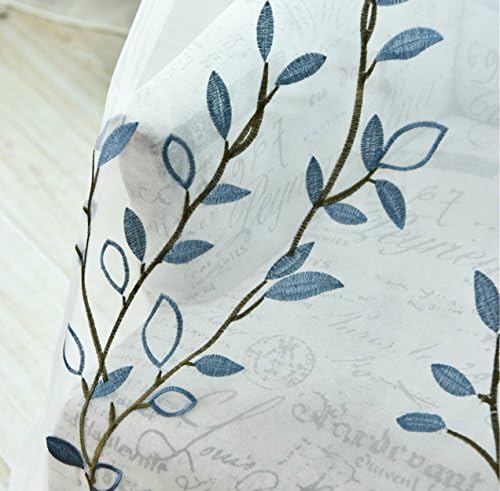 AliFish Floral Sheer Curtains 63 Inch Length Rod Pocket Window Curtains Light Flitering Embroidered Voile Drape Curtains Blue Leaves Pattern Sheer Curtains for Living Room 1 Panel Blue W39 x L63 inch