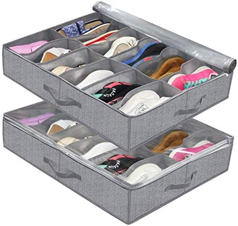 Onlyeasy Underbed Shoe Storage Container Flexible Zippered (Pack of 2, Fits 12 x 2 Pairs Total) Breathable Non-Woven Fabric for Shoes, 30 x 24 x 6 inches, Herringbone Grey Print, MNRUBSB2P