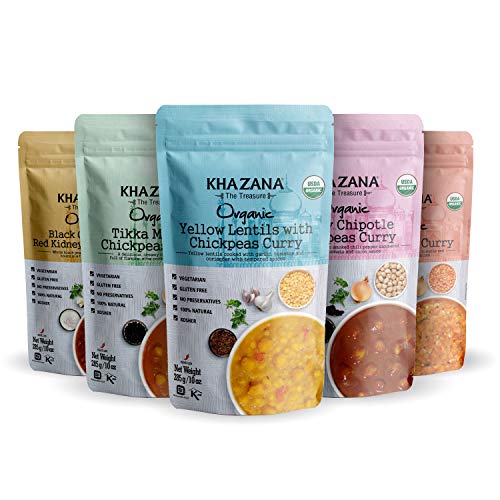 Khazana Organic Gourmet Indian Food - Ready to Eat Indian Dinner in 90 Seconds, Prepared Microwave Meals, Gluten Free, Non-GMO, Vegan, Kosher. 5 Pack Variety, 10oz